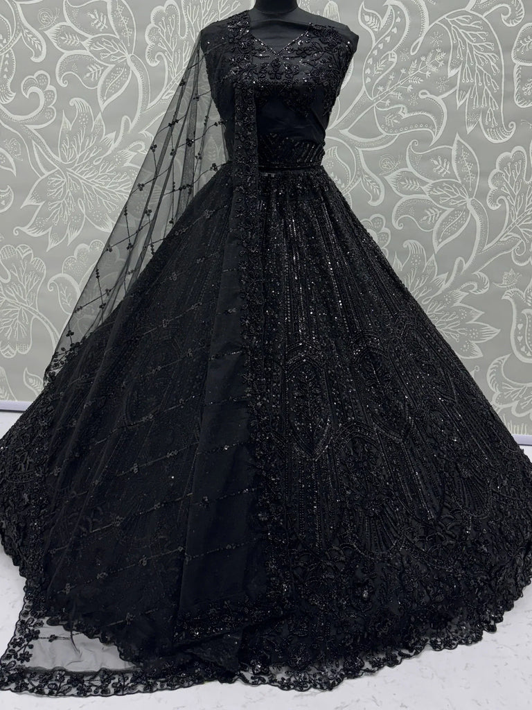 Sparkling Black Embroidered Net Reception Wear Lehenga Choli