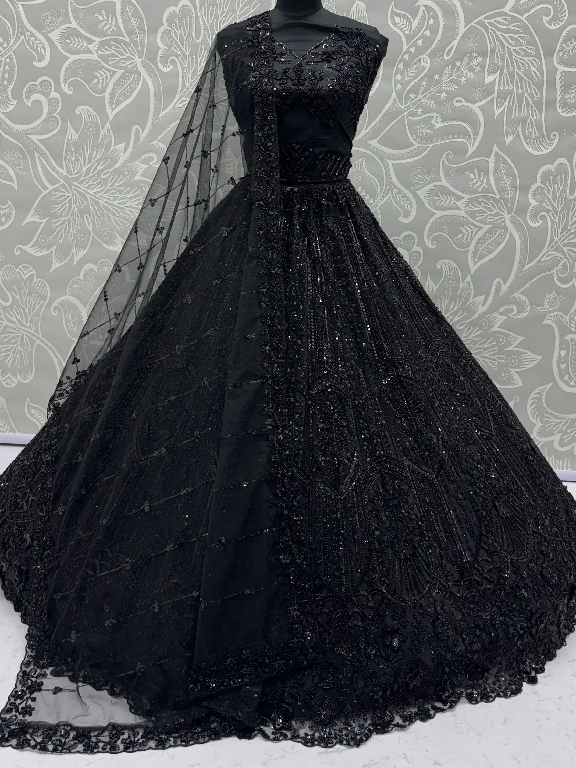 Sparkling Black Embroidered Net Reception Wear Lehenga Choli