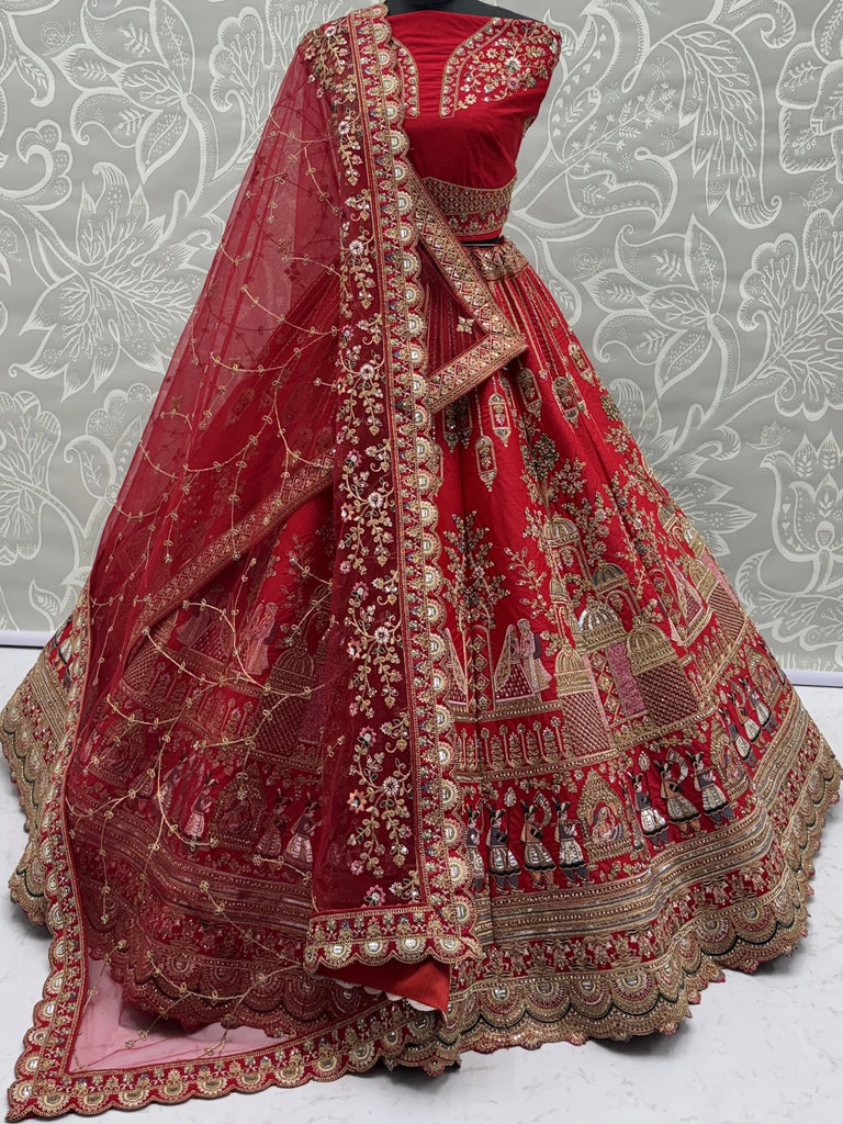 Precious Red Embroidered Silk Bridal Lehenga Choli With Double Dupatta