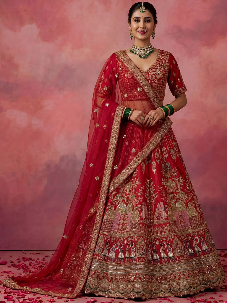 Precious Red Embroidered Silk Bridal Lehenga Choli With Double Dupatta