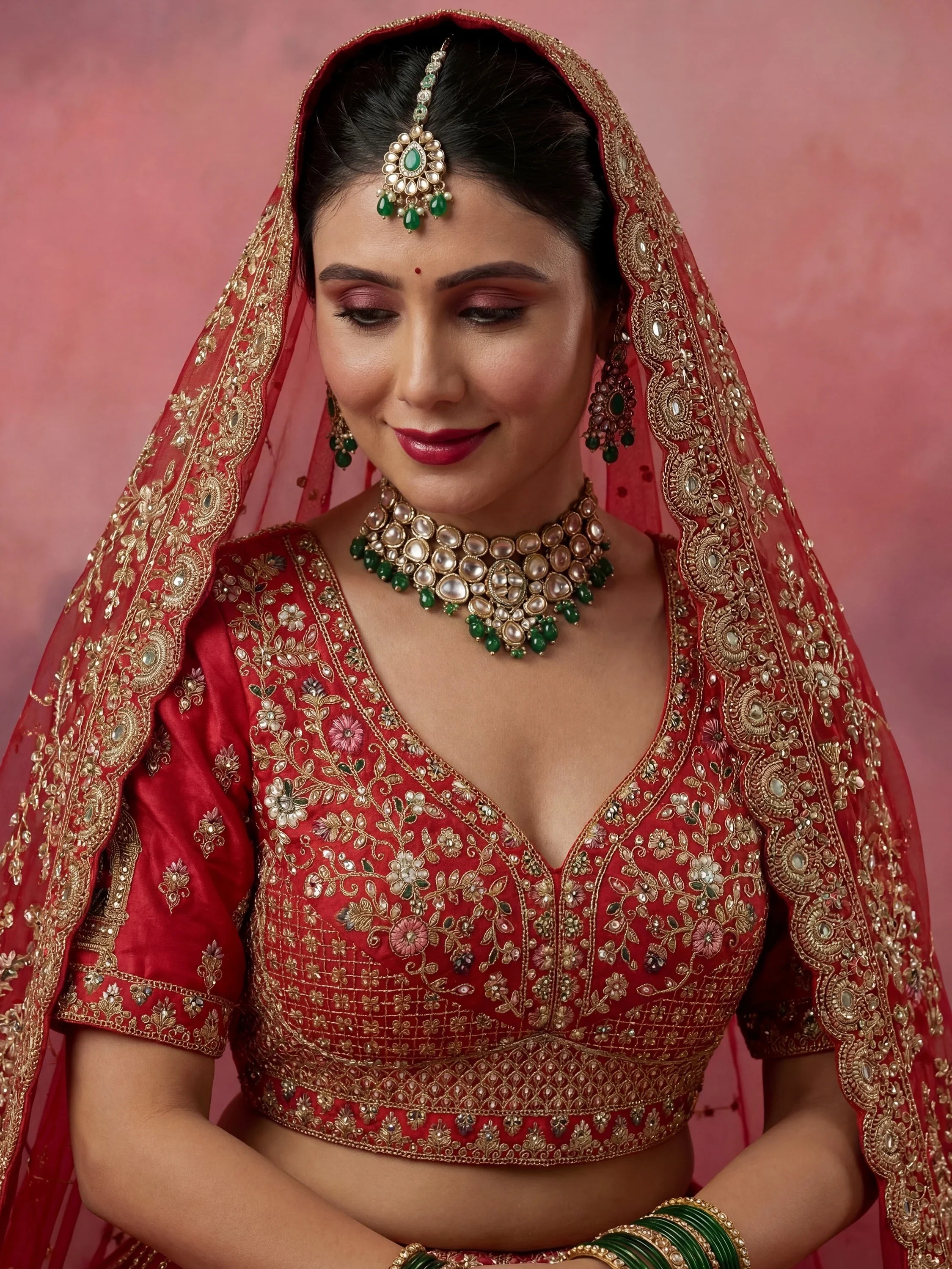 Precious Red Embroidered Silk Bridal Lehenga Choli With Double Dupatta