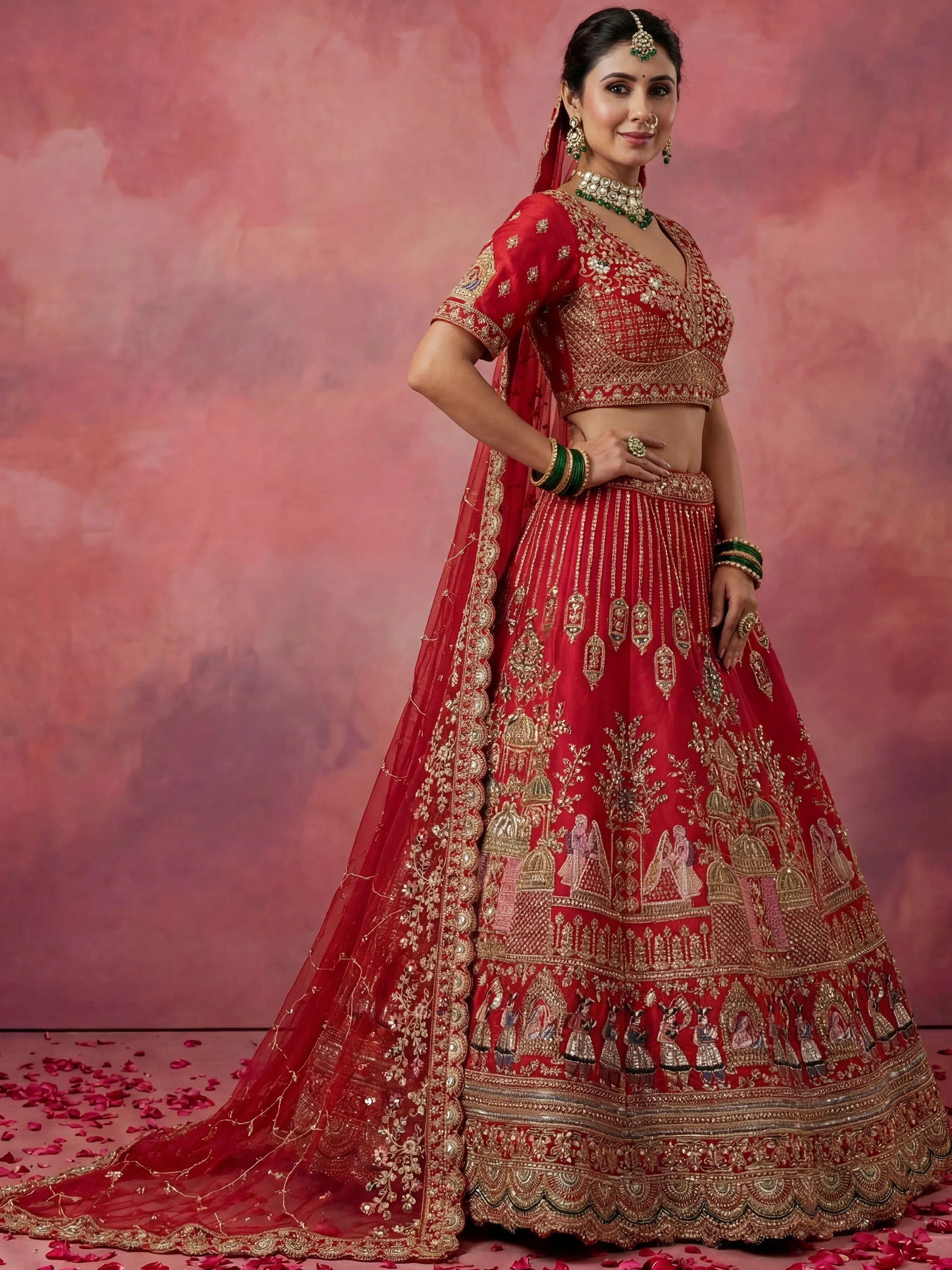 Precious Red Embroidered Silk Bridal Lehenga Choli With Double Dupatta