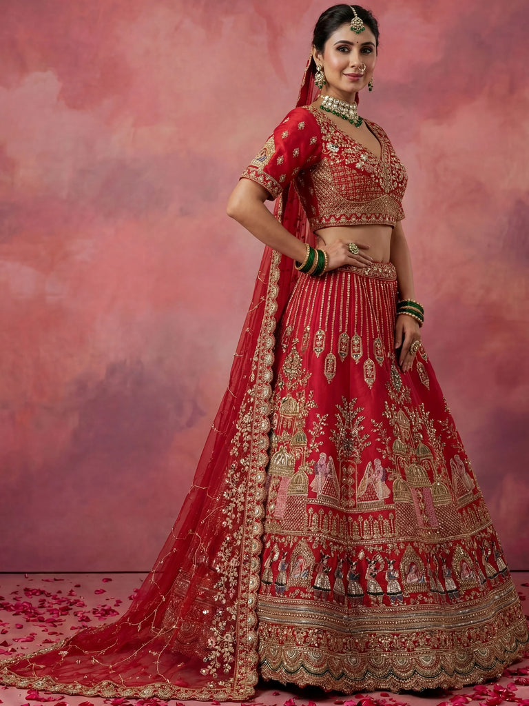 Precious Red Embroidered Silk Bridal Lehenga Choli With Double Dupatta