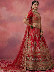 Precious Red Embroidered Silk Bridal Lehenga Choli With Double Dupatta