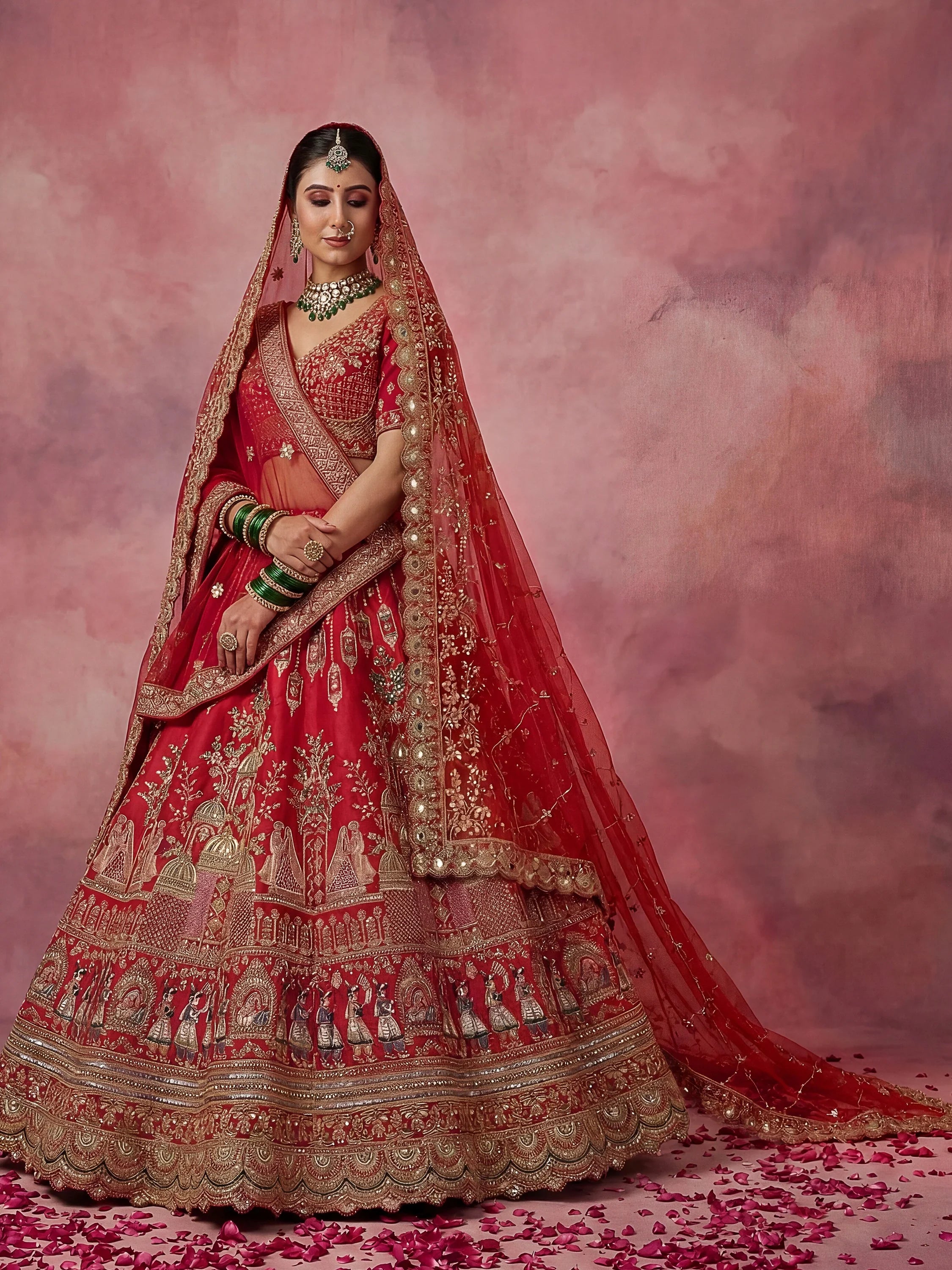 Precious Red Embroidered Silk Bridal Lehenga Choli With Double Dupatta