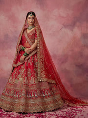 Precious Red Embroidered Silk Bridal Lehenga Choli With Double Dupatta