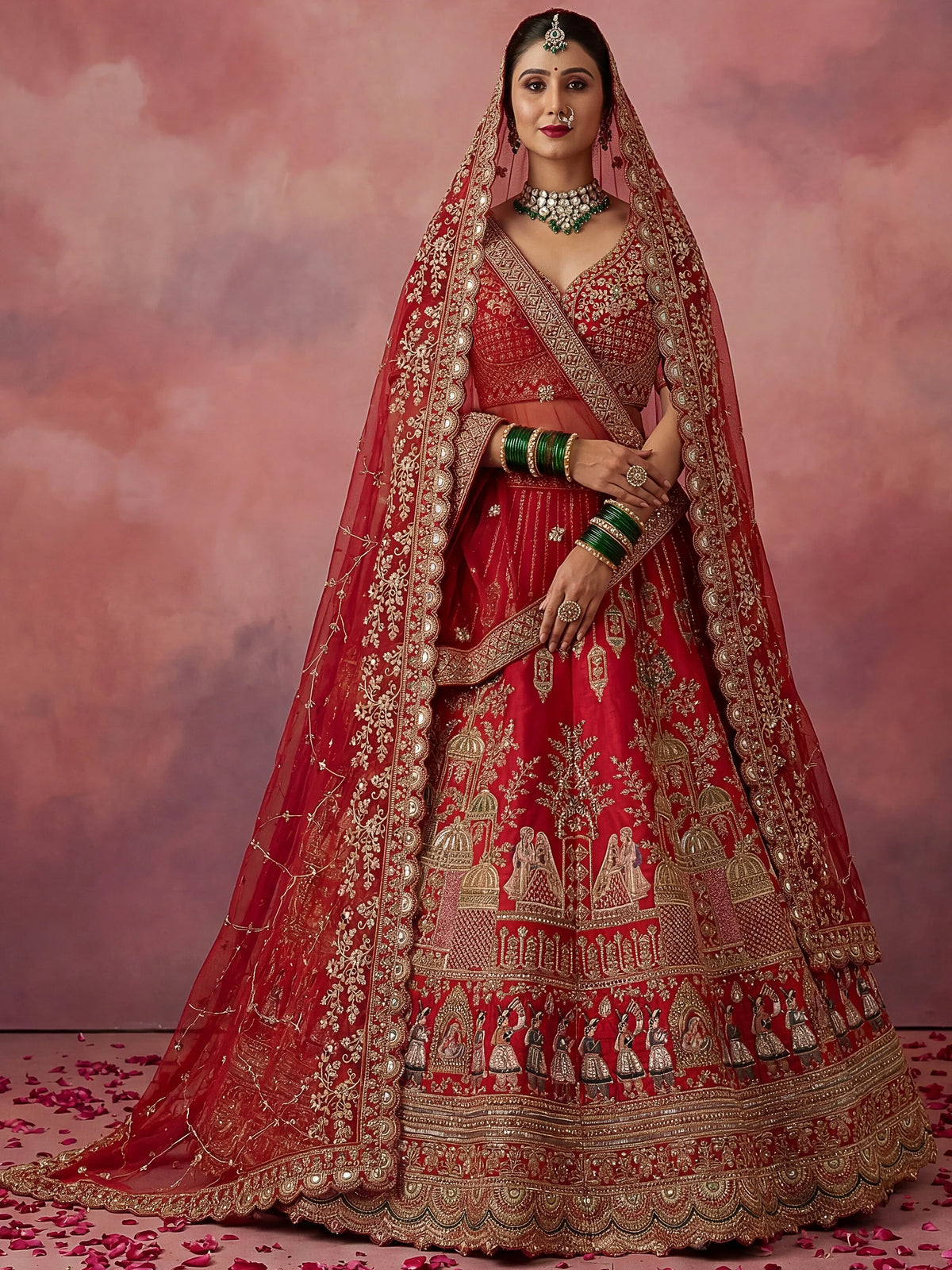 Precious Red Embroidered Silk Bridal Lehenga Choli With Double Dupatta