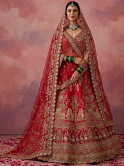 Precious Red Embroidered Silk Bridal Lehenga Choli With Double Dupatta