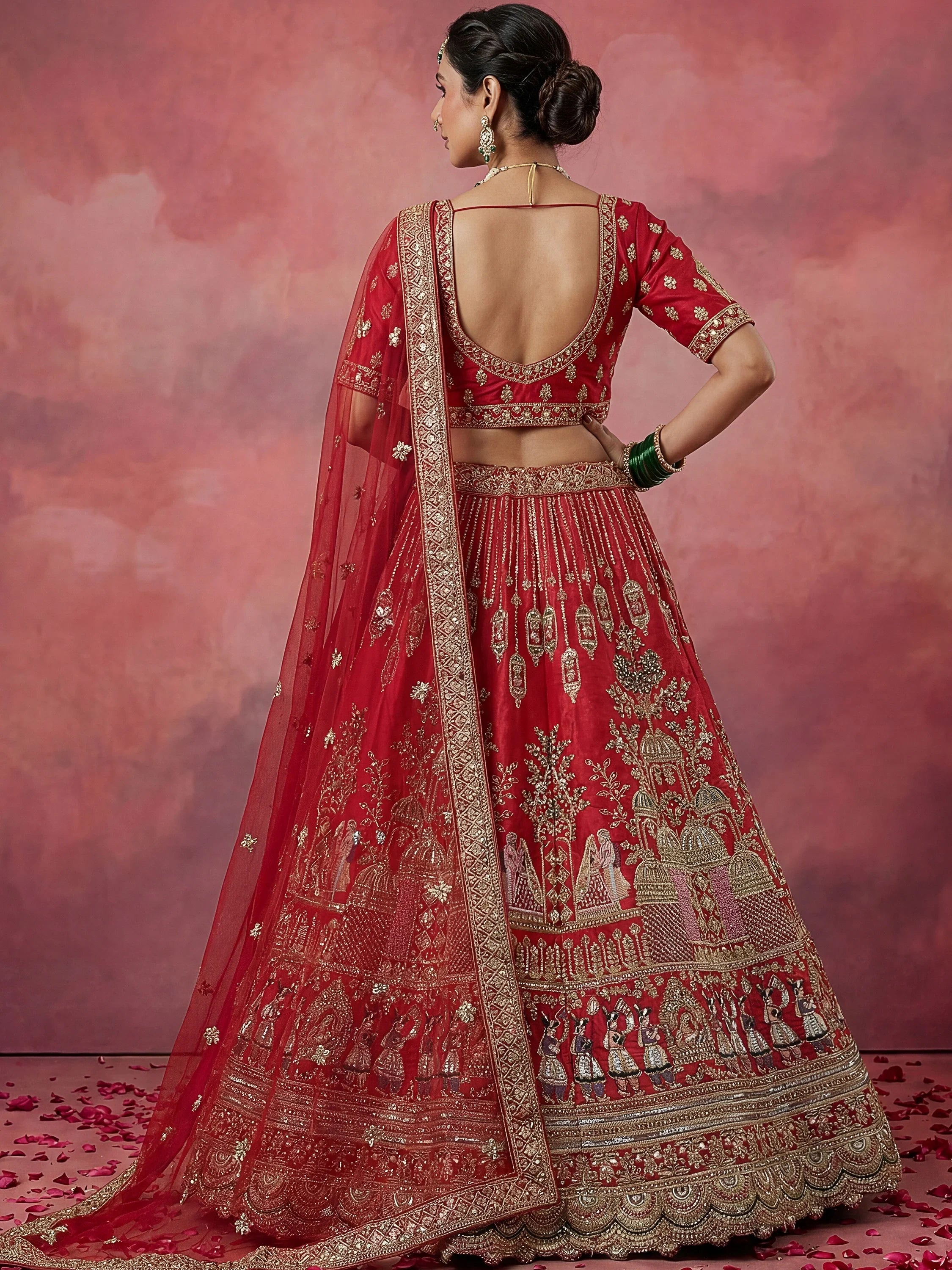 Precious Red Embroidered Silk Bridal Lehenga Choli With Double Dupatta