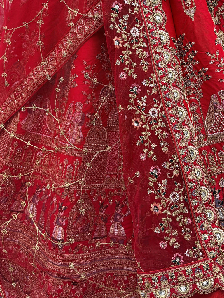 Precious Red Embroidered Silk Bridal Lehenga Choli With Double Dupatta