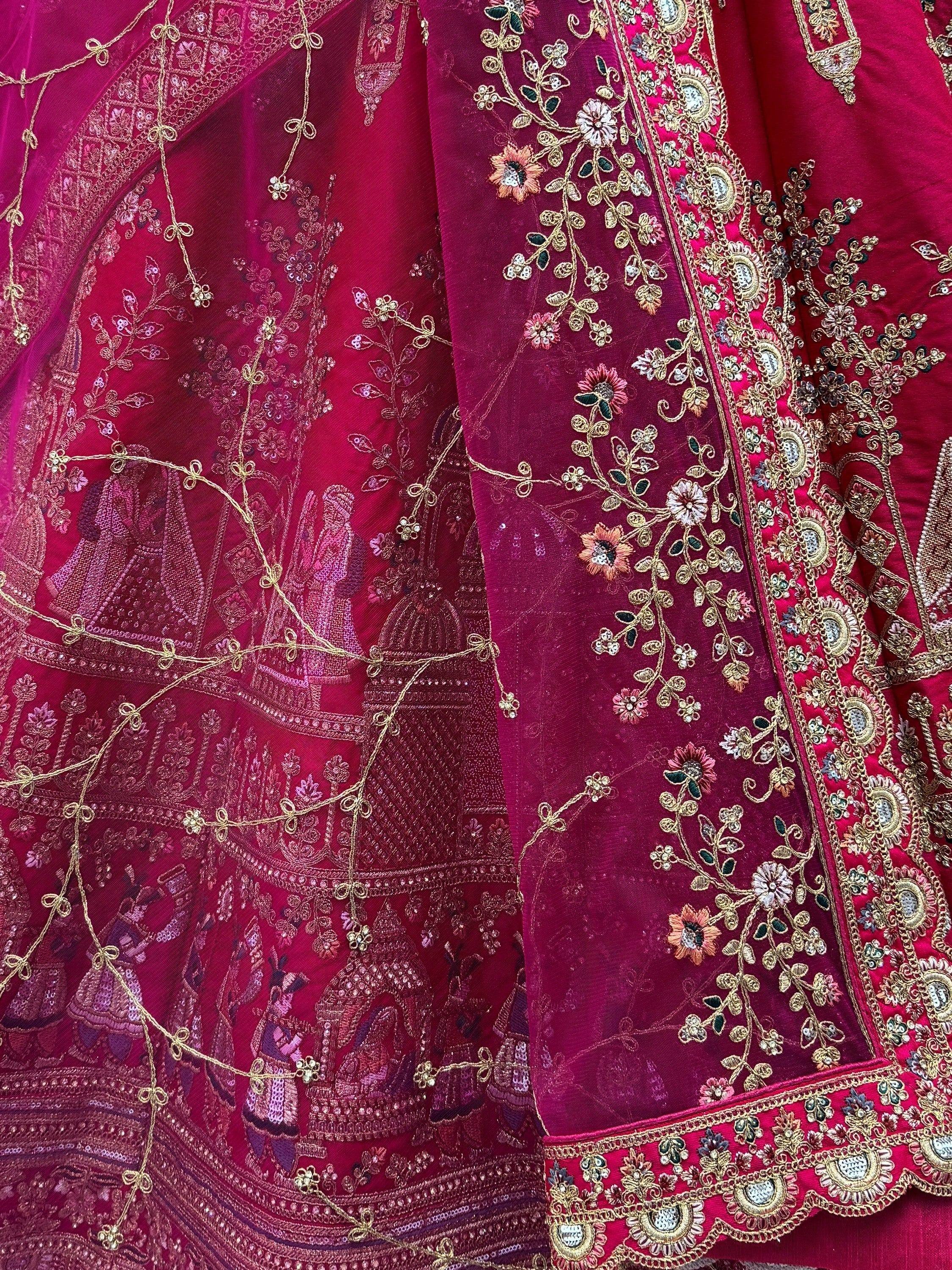 Graceful Pink Embroidered Silk Bridal Lehenga Choli With Double Dupatta