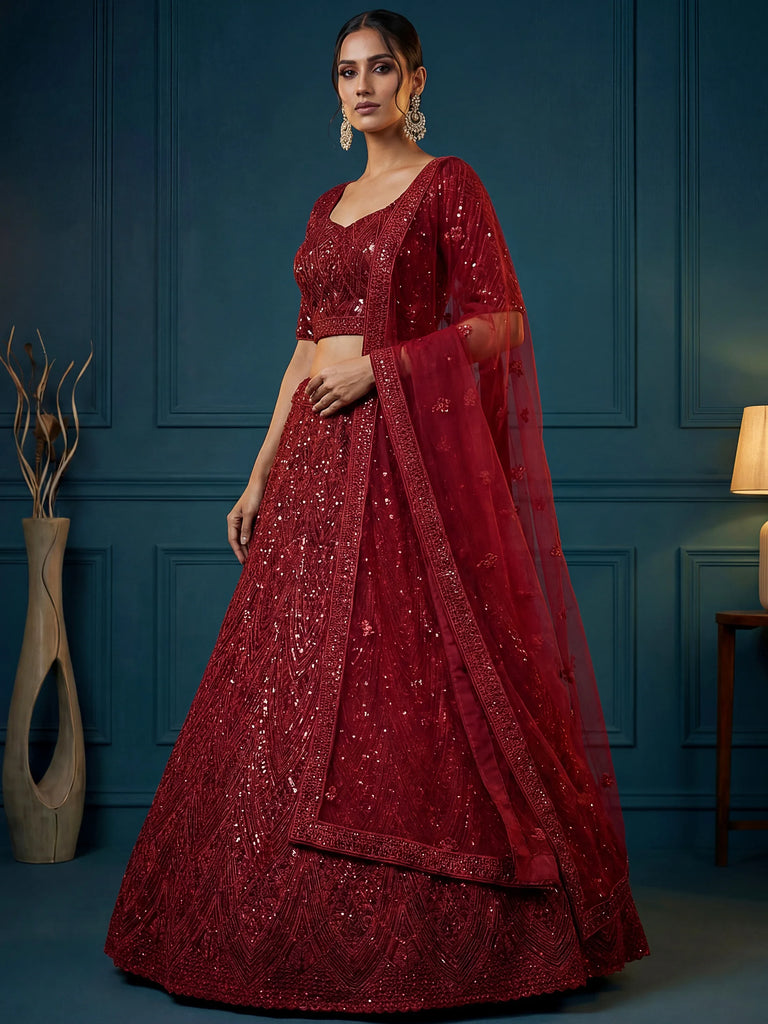 Attractive Maroon Sequins Net Engagement Wear Lehenga Choli