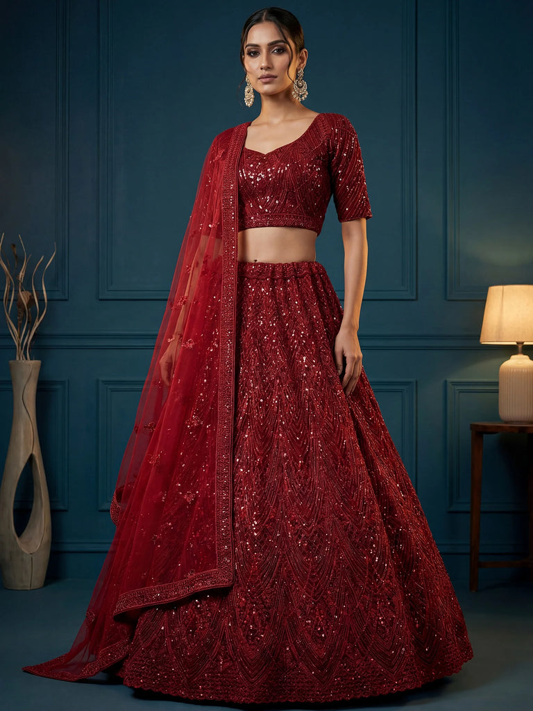Attractive Maroon Sequins Net Engagement Wear Lehenga Choli
