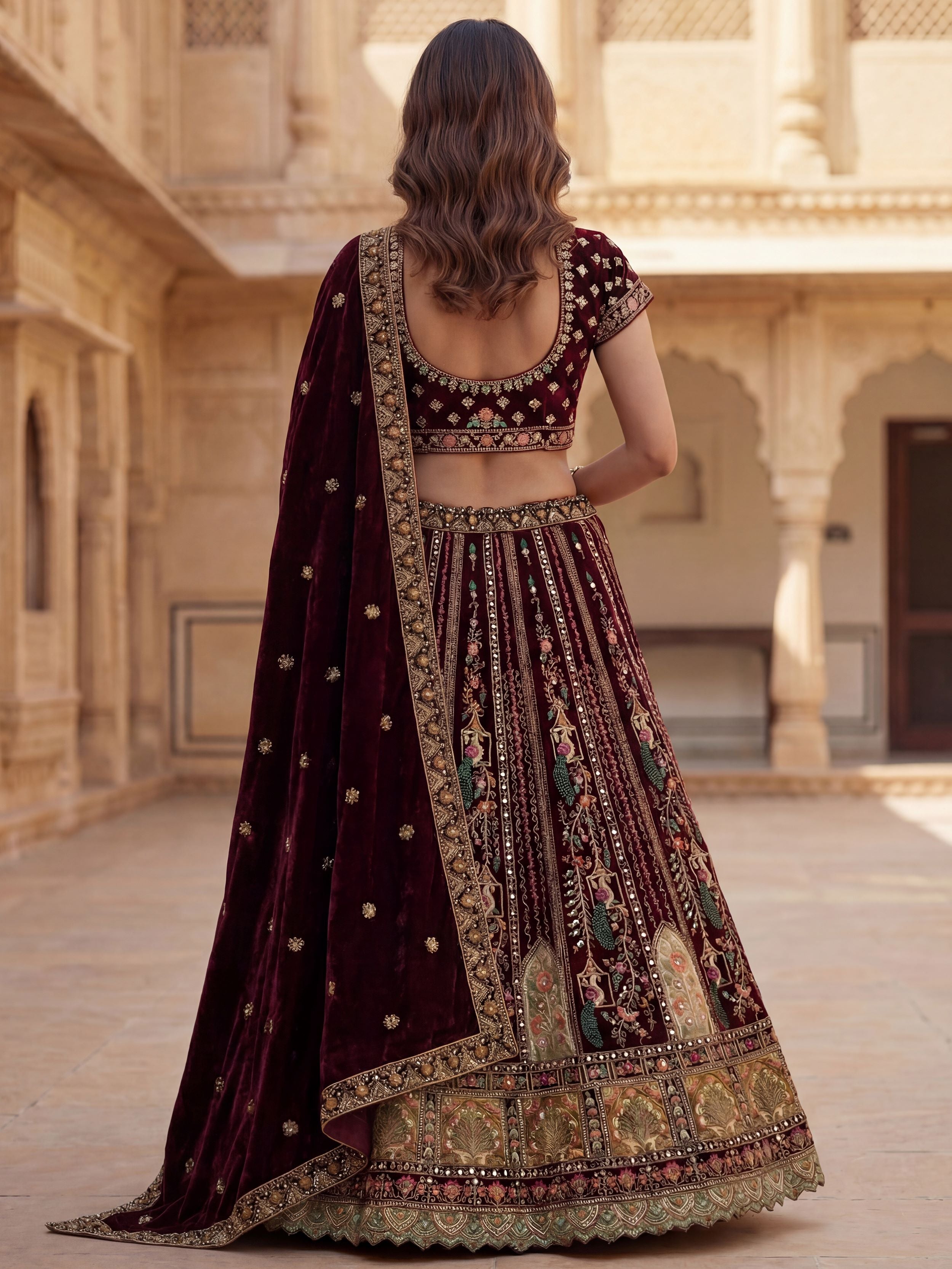 Pretty Wine Embroidered Velvet Bridal Lehenga Choli With Double Dupatta