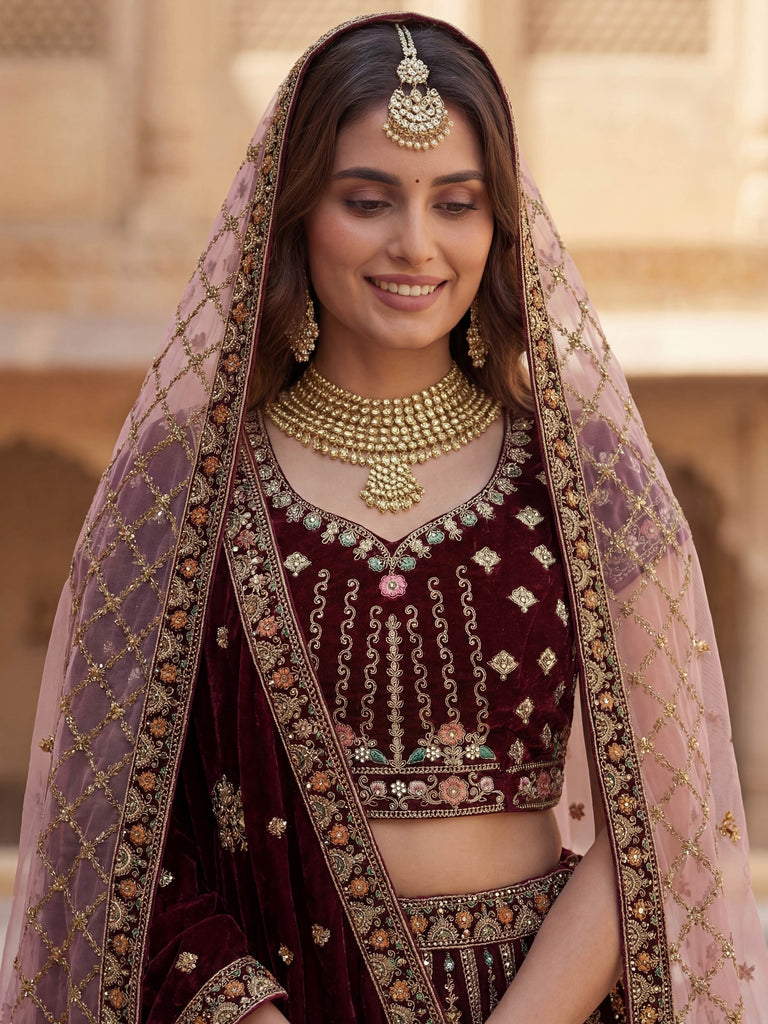 Pretty Wine Embroidered Velvet Bridal Lehenga Choli With Double Dupatta