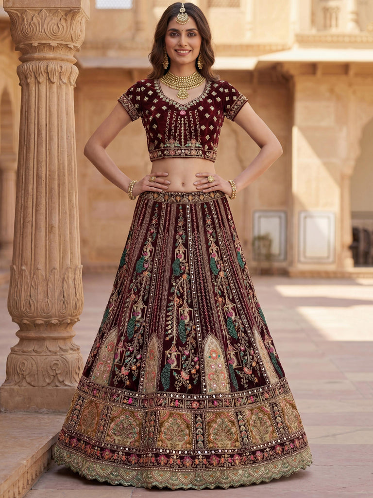 Pretty Wine Embroidered Velvet Bridal Lehenga Choli With Double Dupatta