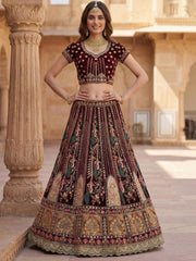 Pretty Wine Embroidered Velvet Bridal Lehenga Choli With Double Dupatta