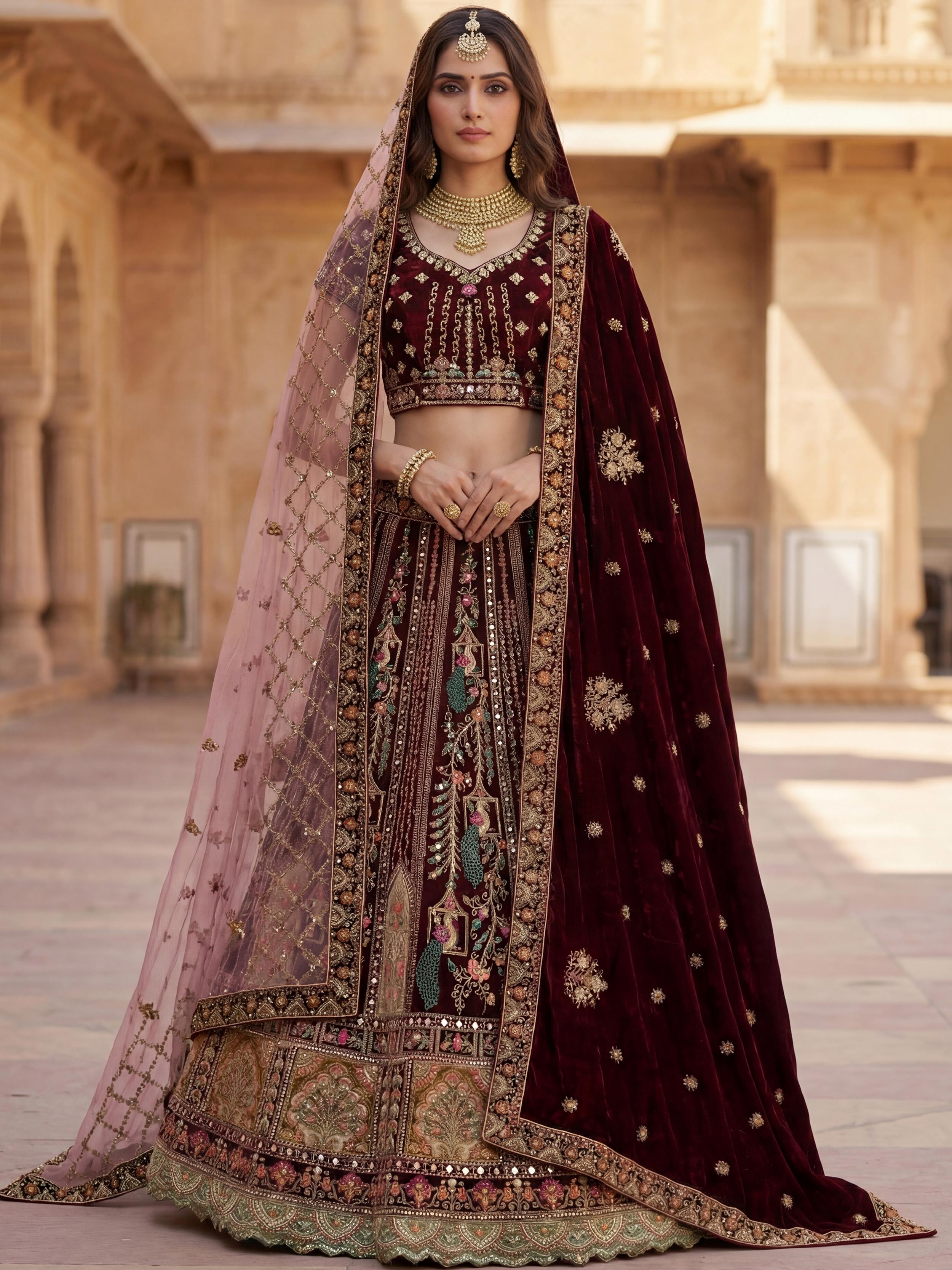 Pretty Wine Embroidered Velvet Bridal Lehenga Choli With Double Dupatta