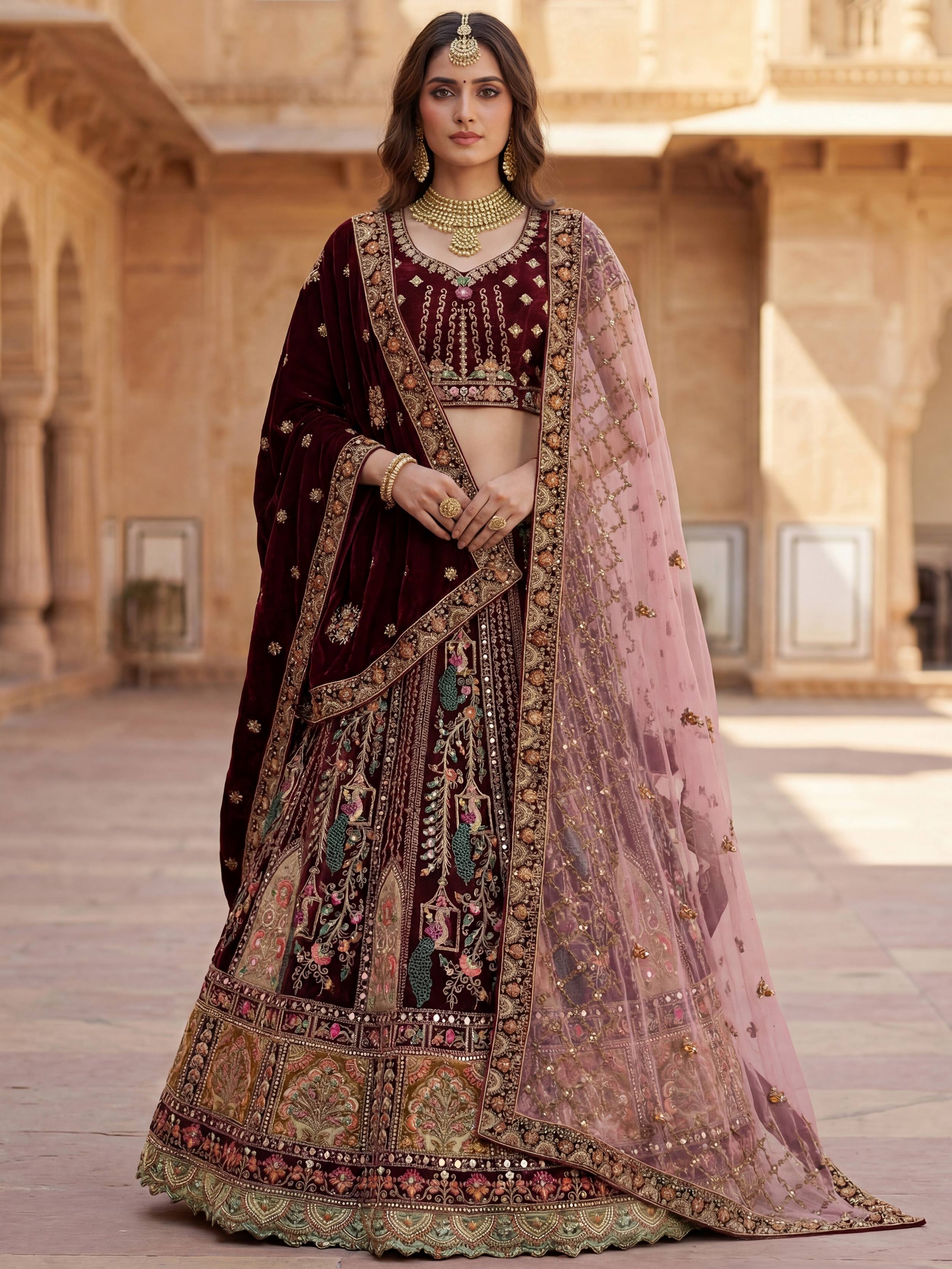 Pretty Wine Embroidered Velvet Bridal Lehenga Choli With Double Dupatta