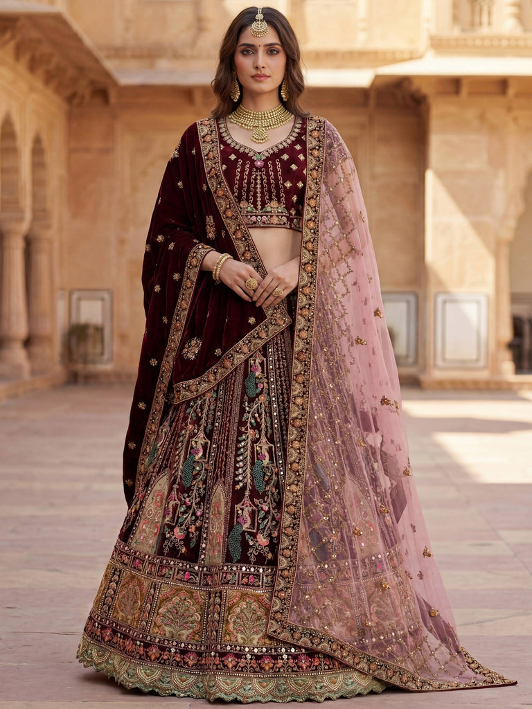 Pretty Wine Embroidered Velvet Bridal Lehenga Choli With Double Dupatta