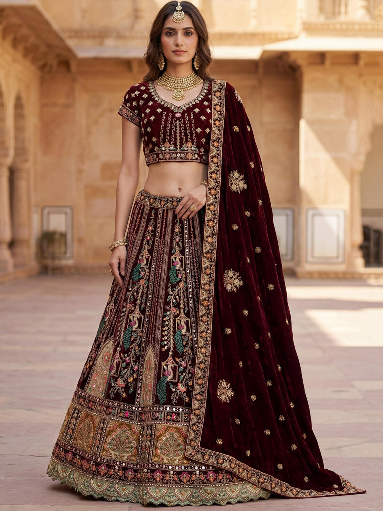 Pretty Wine Embroidered Velvet Bridal Lehenga Choli With Double Dupatta