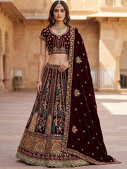 Pretty Wine Embroidered Velvet Bridal Lehenga Choli With Double Dupatta