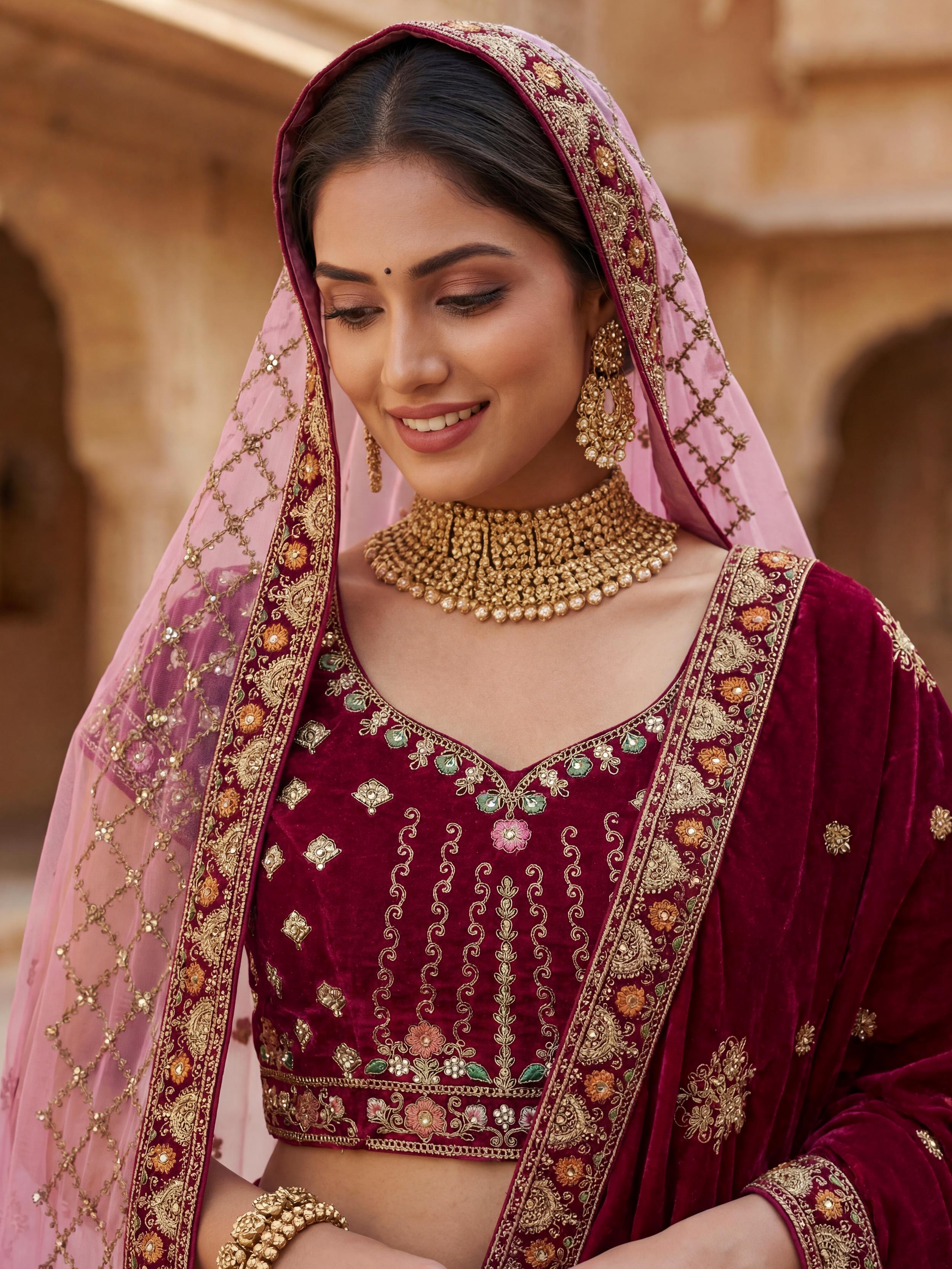 Great Maroon Embroidered Velvet Bridal Lehenga Choli With Double Dupatta