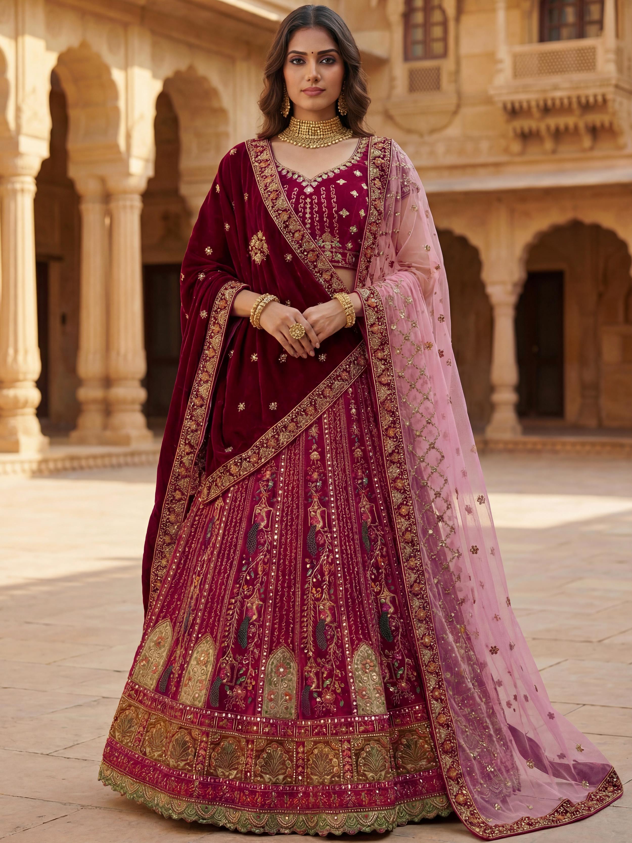 Great Maroon Embroidered Velvet Bridal Lehenga Choli With Double Dupatta