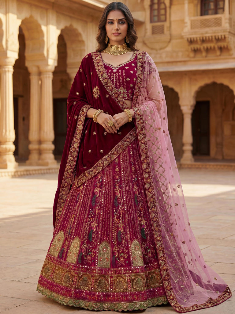 Great Maroon Embroidered Velvet Bridal Lehenga Choli With Double Dupatta