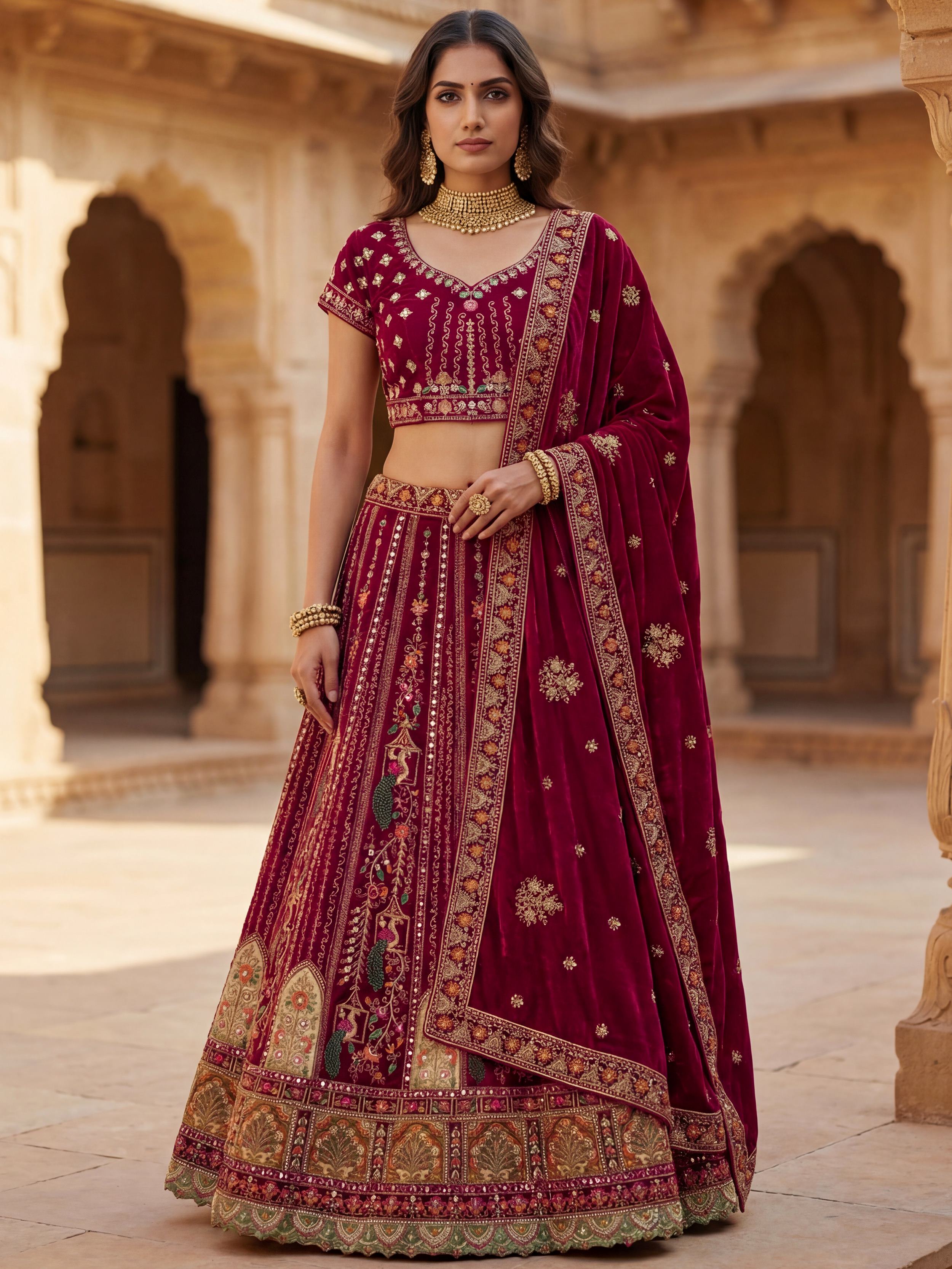 Great Maroon Embroidered Velvet Bridal Lehenga Choli With Double Dupatta