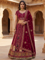 Great Maroon Embroidered Velvet Bridal Lehenga Choli With Double Dupatta