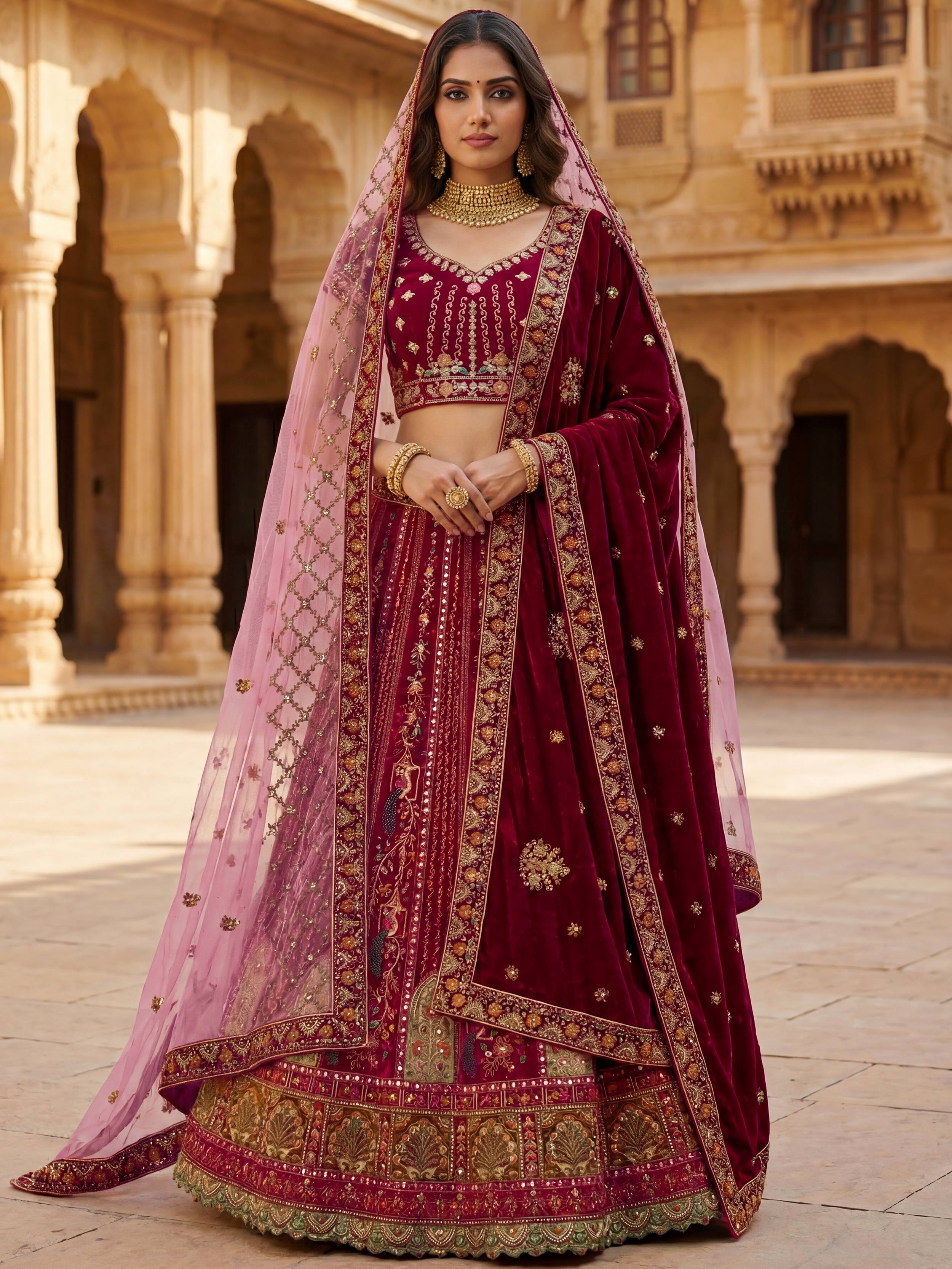 Great Maroon Embroidered Velvet Bridal Lehenga Choli With Double Dupatta