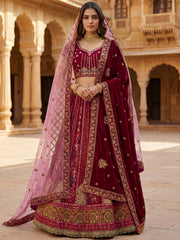 Great Maroon Embroidered Velvet Bridal Lehenga Choli With Double Dupatta