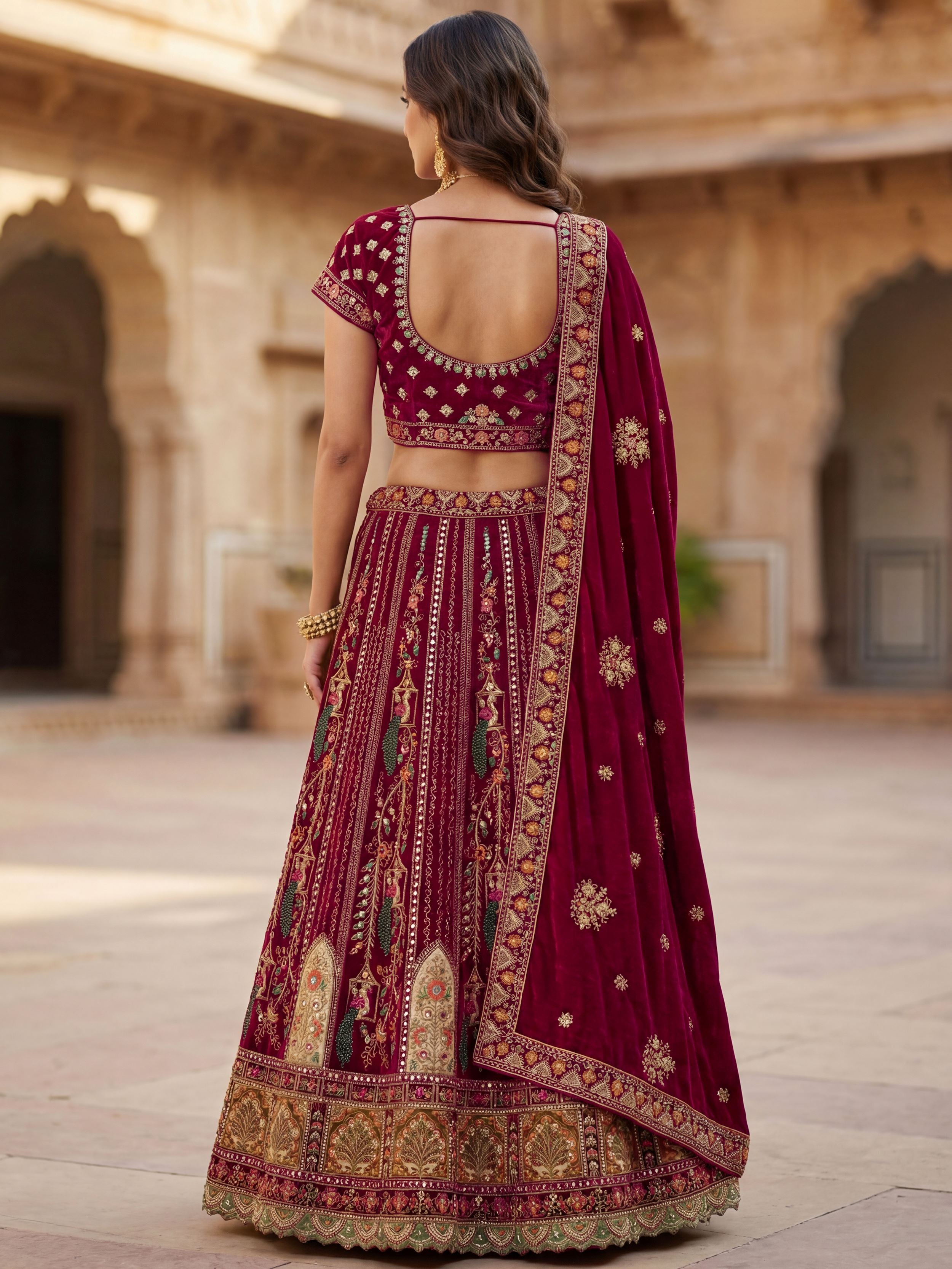 Great Maroon Embroidered Velvet Bridal Lehenga Choli With Double Dupatta