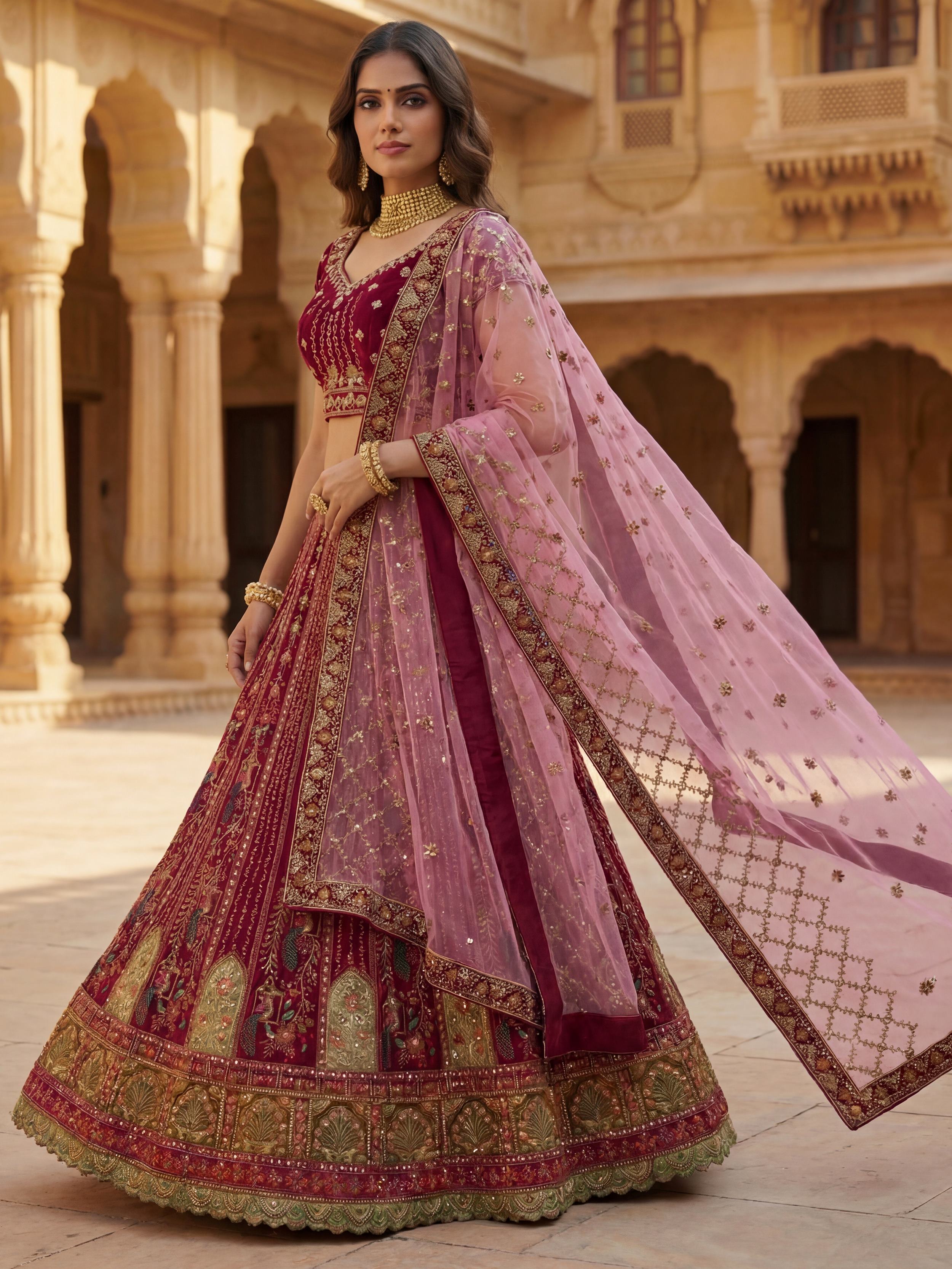 Great Maroon Embroidered Velvet Bridal Lehenga Choli With Double Dupatta