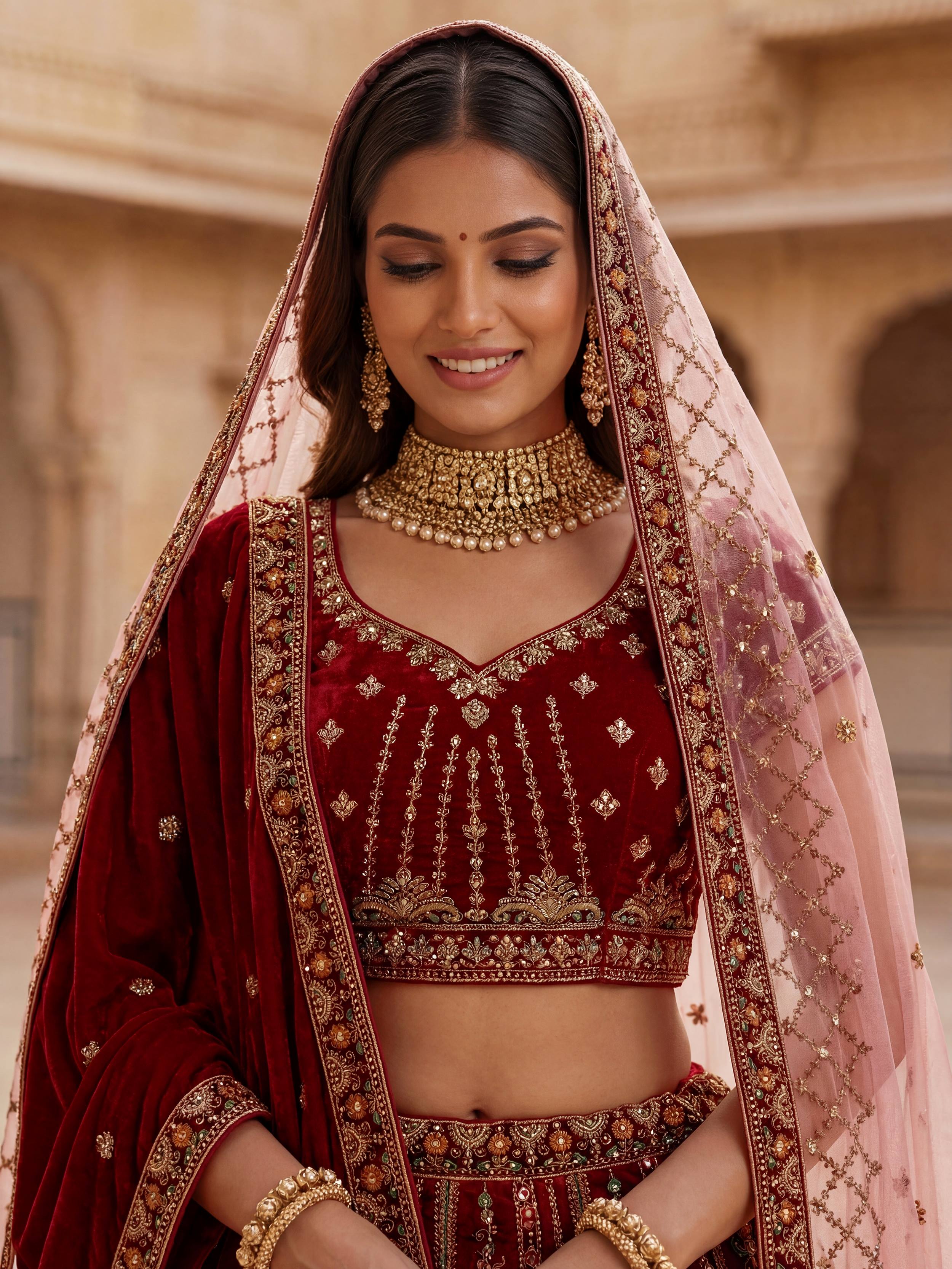 Lovely Red Embroidered Velvet Bridal Lehenga Choli With Double Dupatta