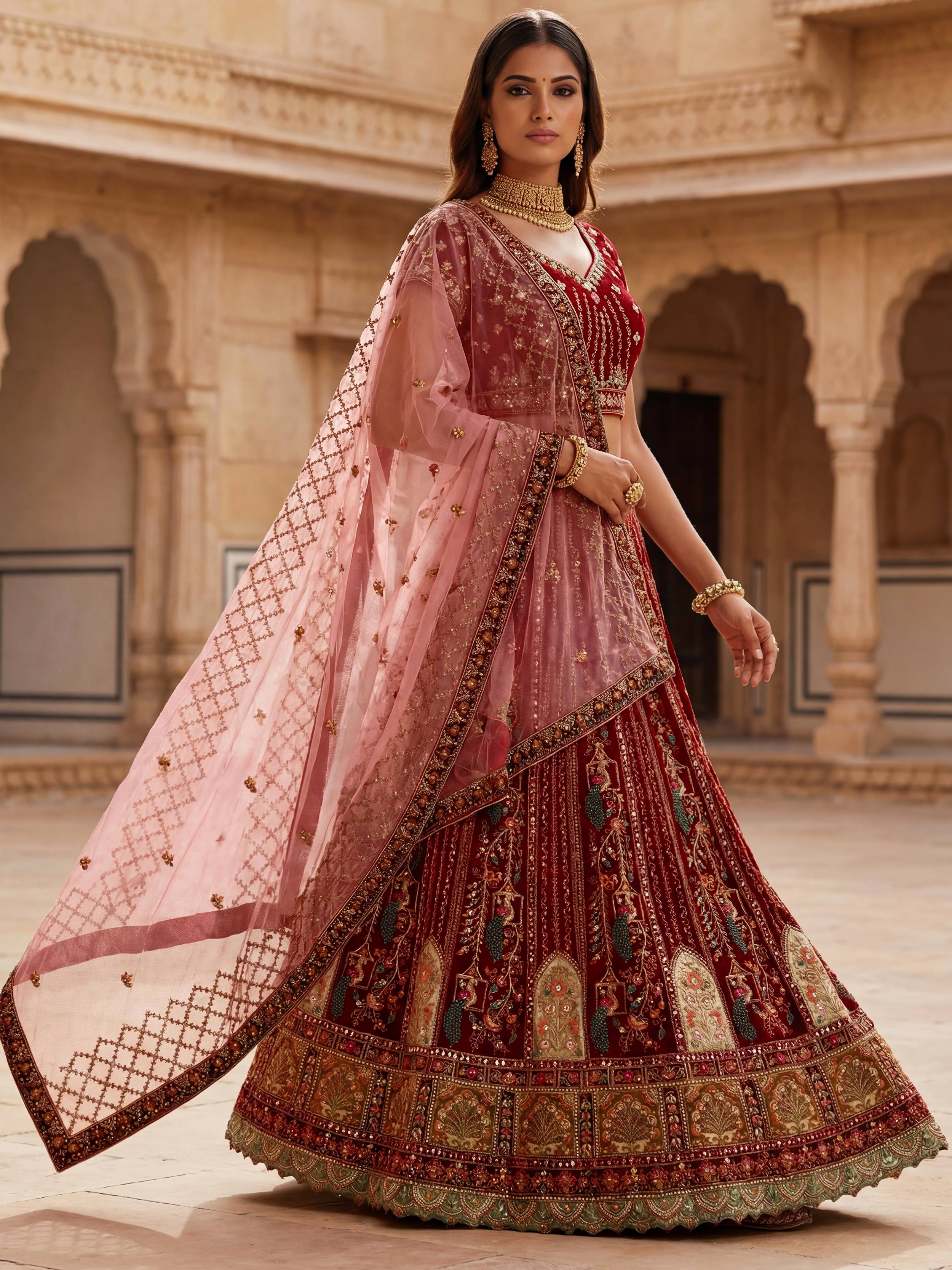 Lovely Red Embroidered Velvet Bridal Lehenga Choli With Double Dupatta