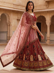 Lovely Red Embroidered Velvet Bridal Lehenga Choli With Double Dupatta