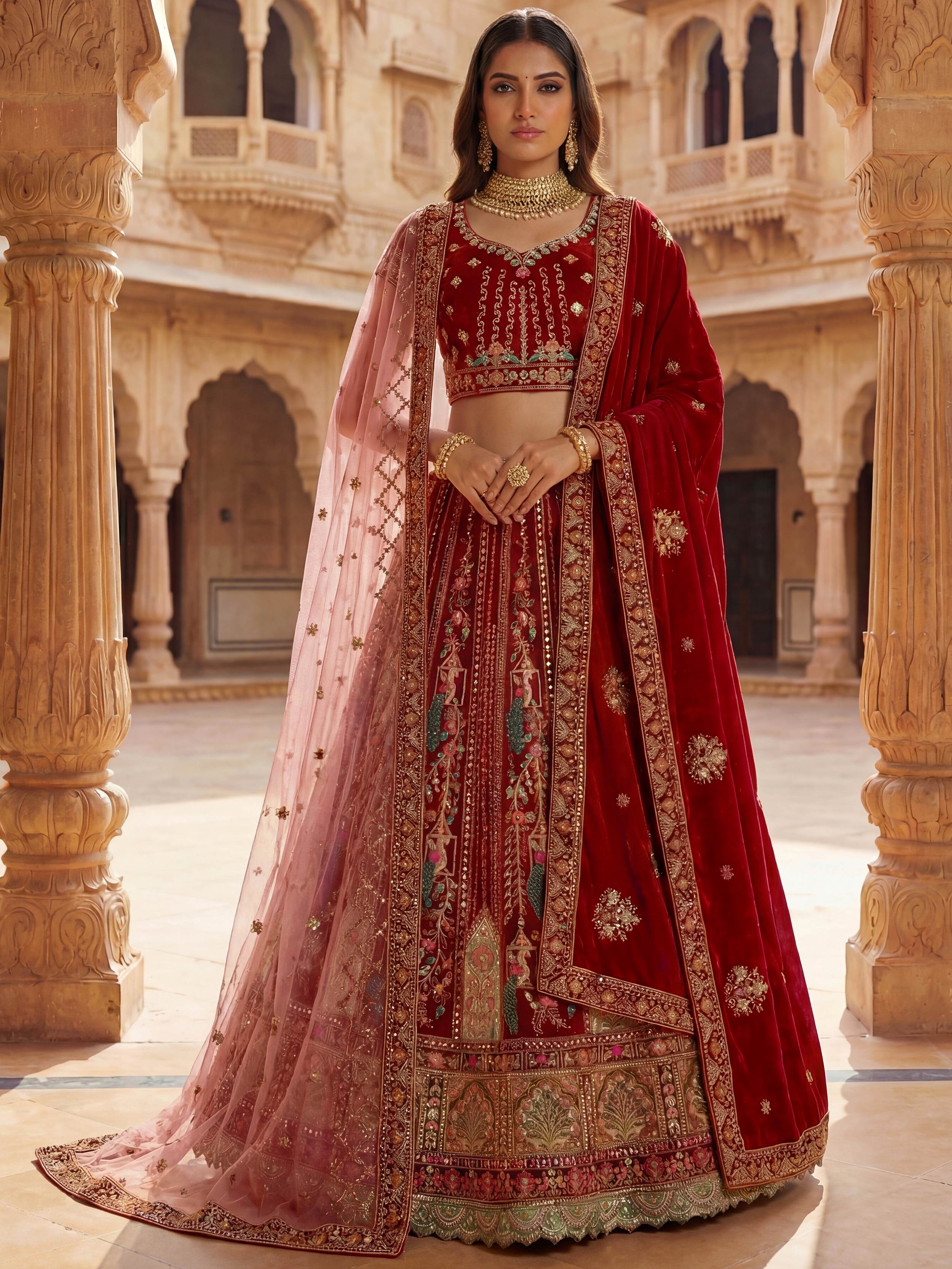 Lovely Red Embroidered Velvet Bridal Lehenga Choli With Double Dupatta