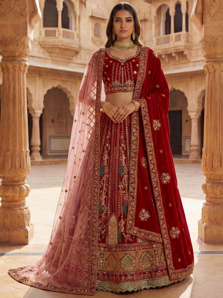 Lovely Red Embroidered Velvet Bridal Lehenga Choli With Double Dupatta