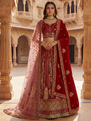 Lovely Red Embroidered Velvet Bridal Lehenga Choli With Double Dupatta