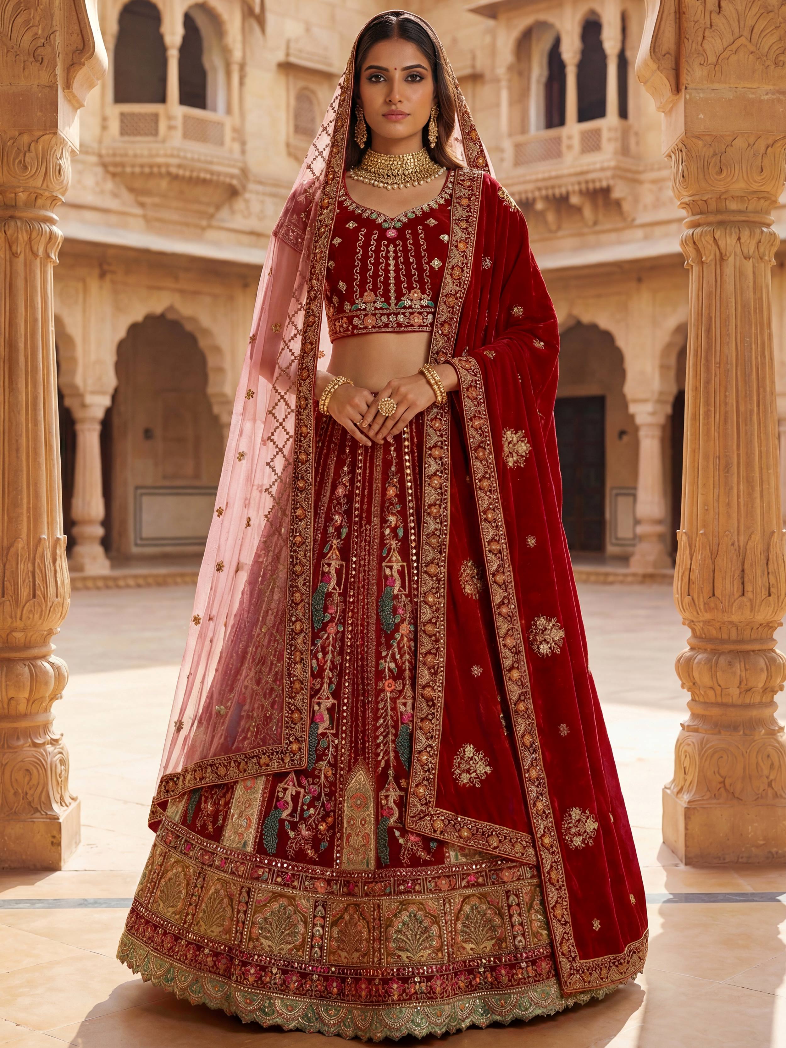 Lovely Red Embroidered Velvet Bridal Lehenga Choli With Double Dupatta
