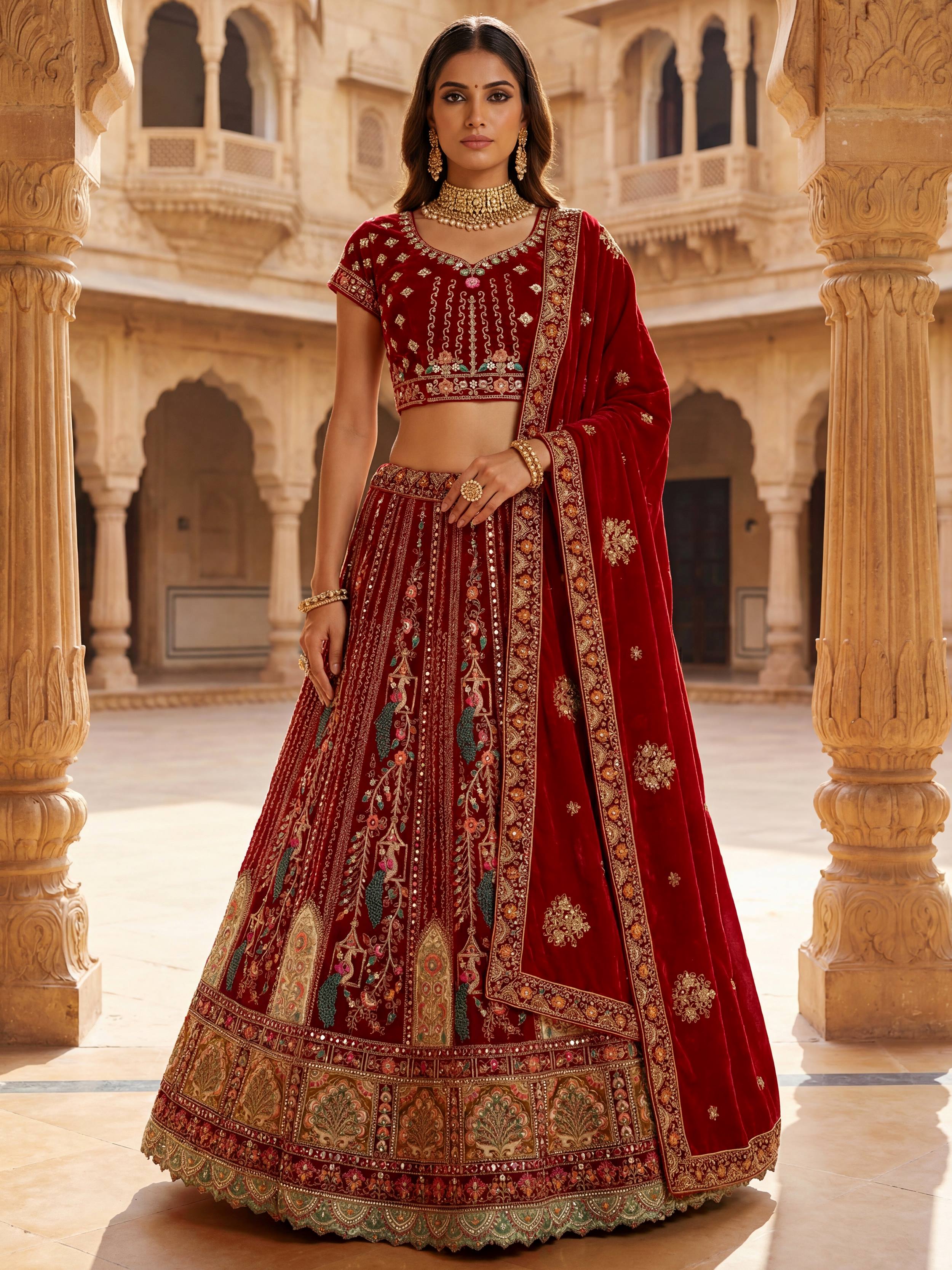 Lovely Red Embroidered Velvet Bridal Lehenga Choli With Double Dupatta