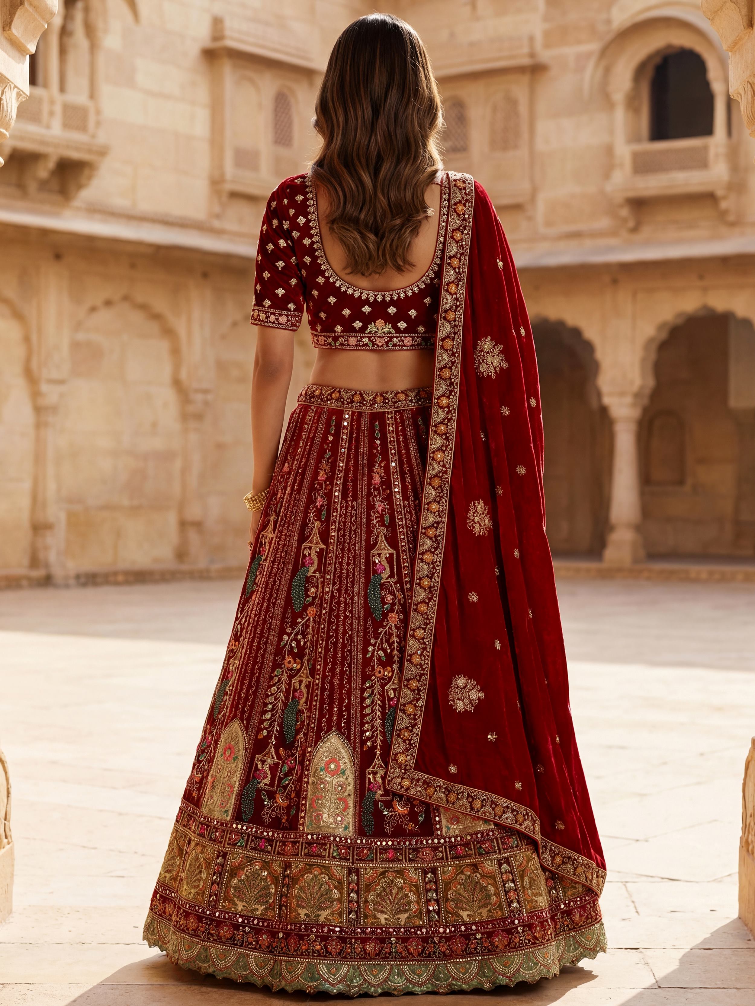 Lovely Red Embroidered Velvet Bridal Lehenga Choli With Double Dupatta