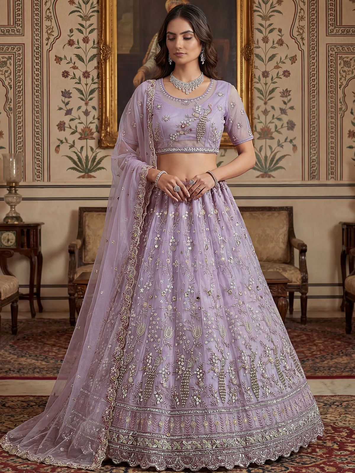 Gorgeous Lavender Embroidered Net Engagement Wear Lehenga Choli