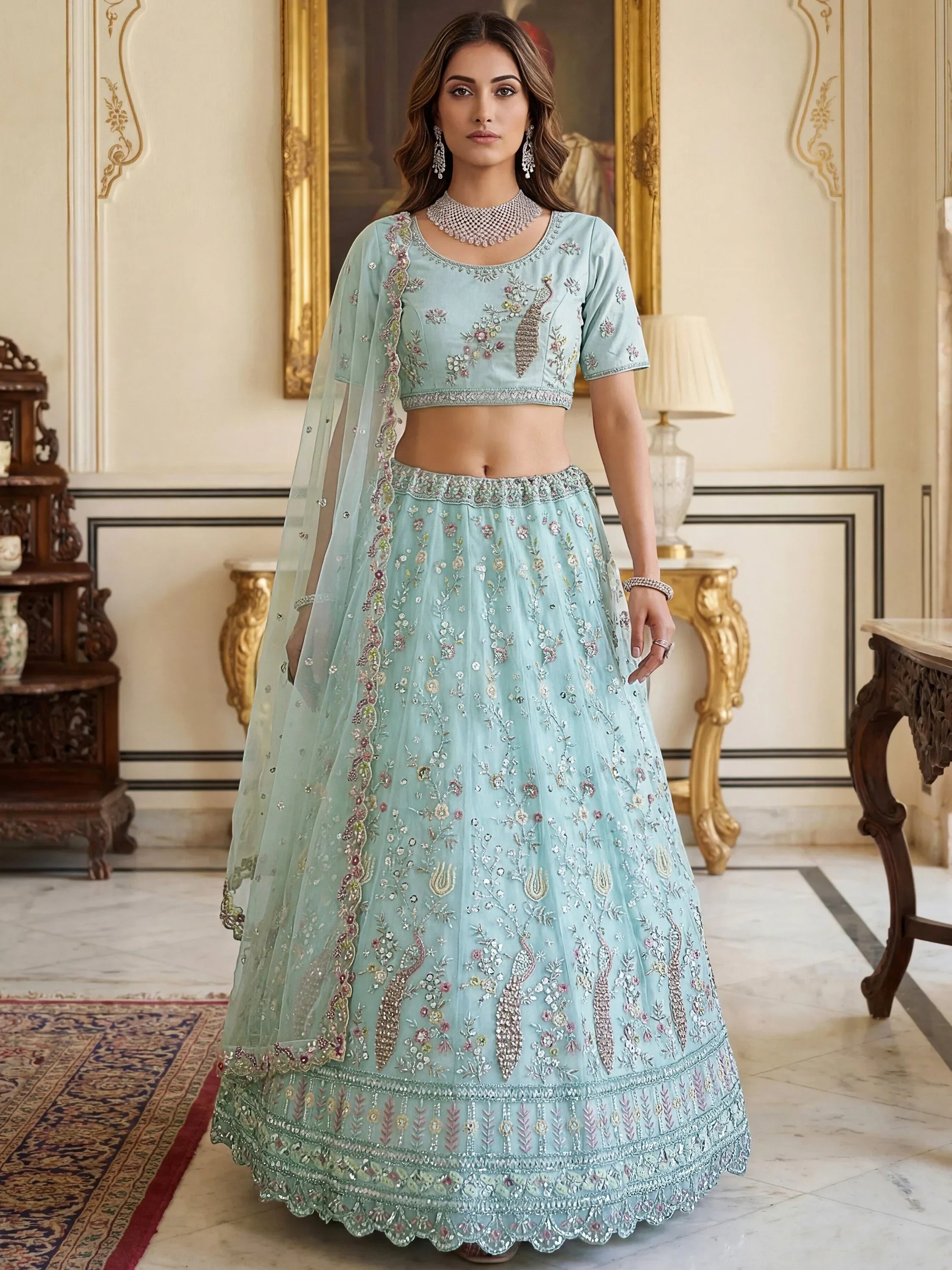 Graceful Sky Blue Embroidered Net Party Wear Lehenga Choli