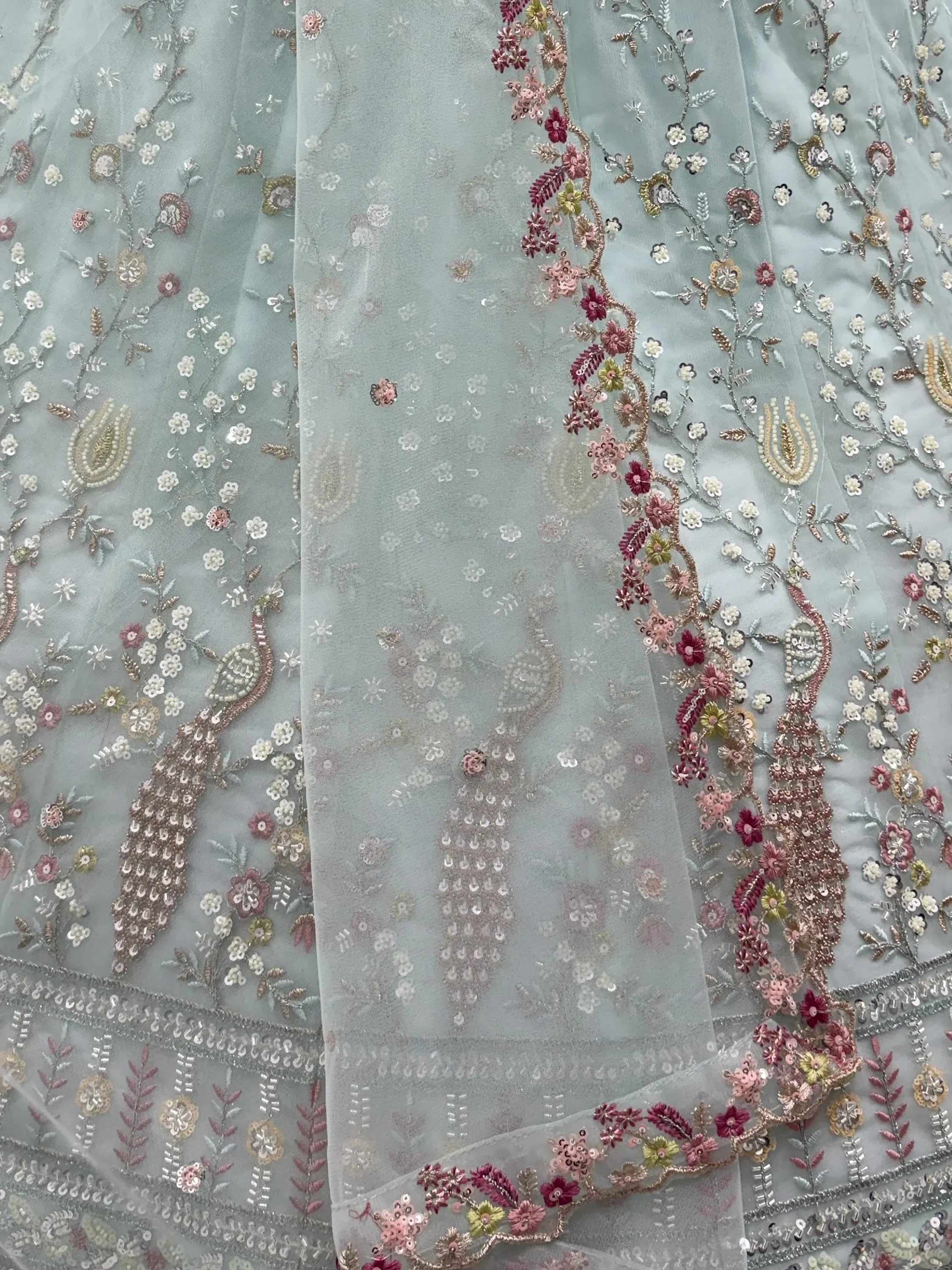 Graceful Sky Blue Embroidered Net Party Wear Lehenga Choli