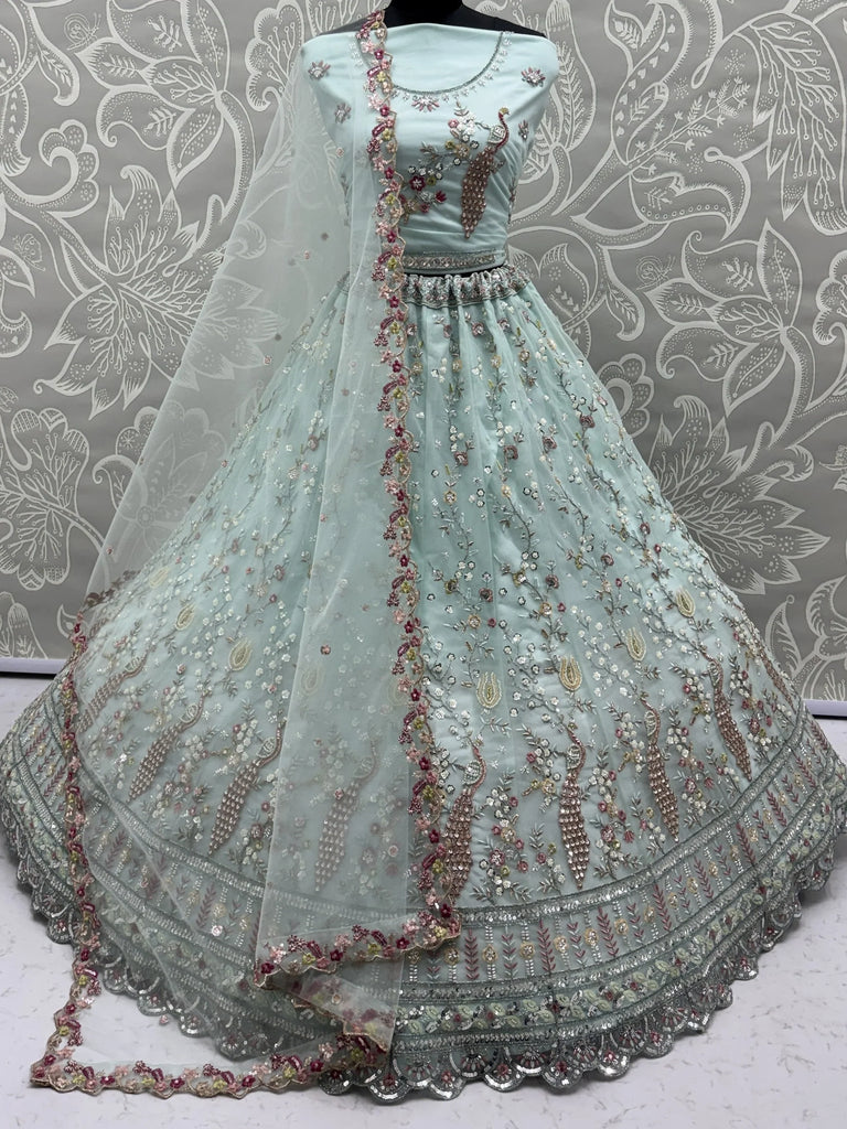 Graceful Sky Blue Embroidered Net Party Wear Lehenga Choli