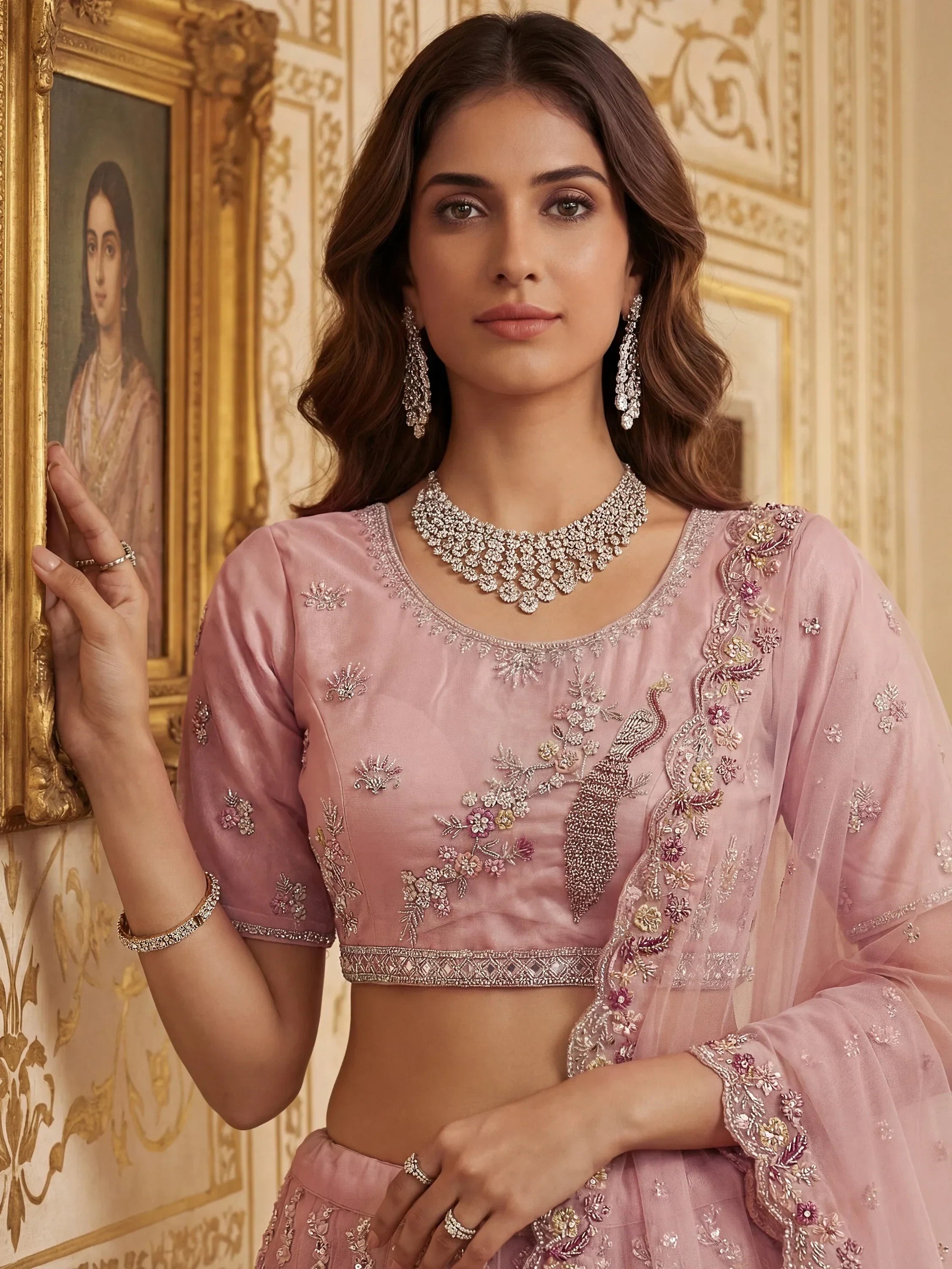 Captivating Peach Embroidered Net Wedding Wear Lehenga Choli