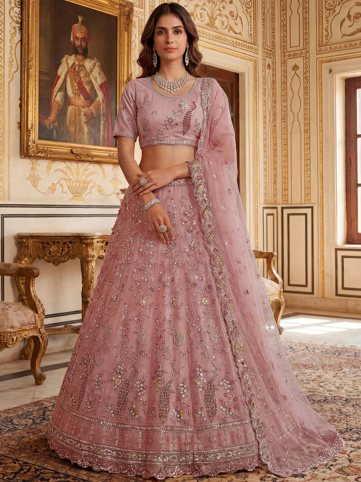 Captivating Peach Embroidered Net Wedding Wear Lehenga Choli
